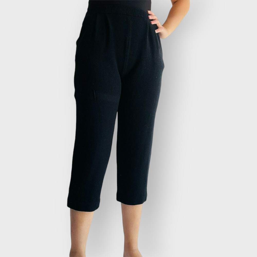 St. John Santana Knit Pants Pleated Black Cropped Straight Leg Pockets Basic 2